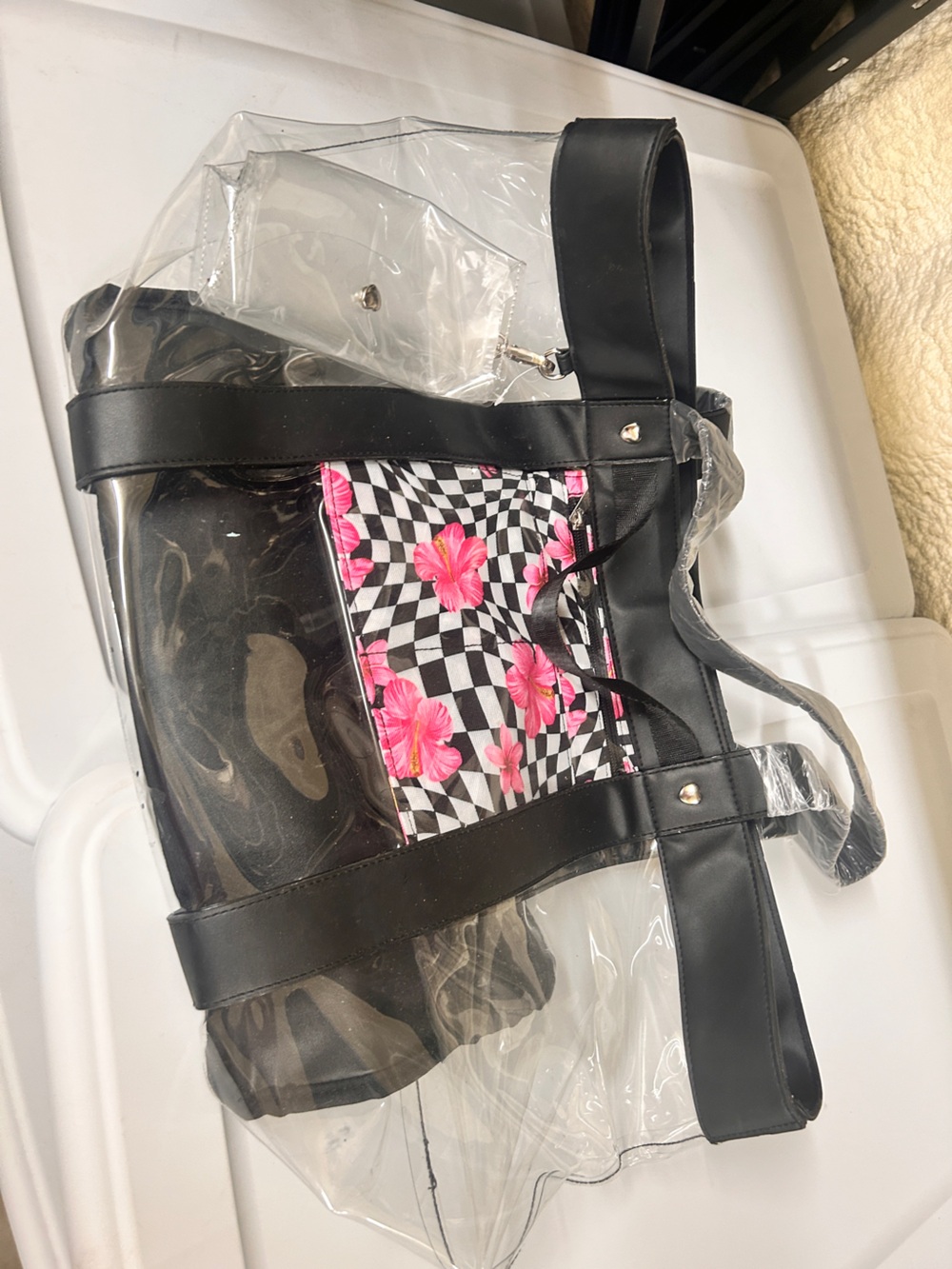 No Boundaries Clear Tote with Black Trim and Pink Floral Checker print